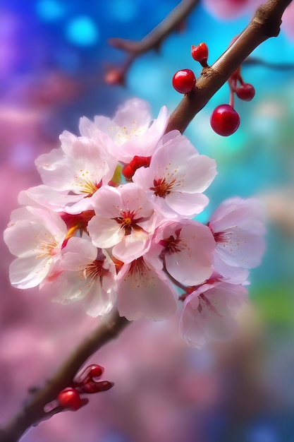 Photo cherry blossom pink sakura flowers on blue bokeh background