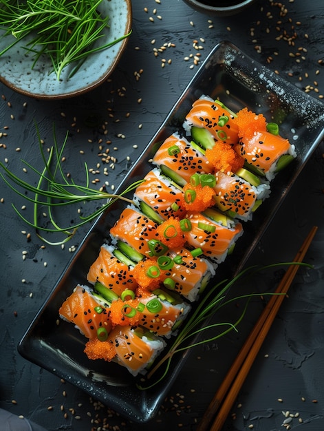 Cherry Blossom Roll with salmon avocado cucumber wrapped in rice and nori on a black background