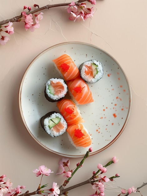 Cherry Blossom Roll with salmon avocado and cucumber wrapped in rice on a vivid bold background