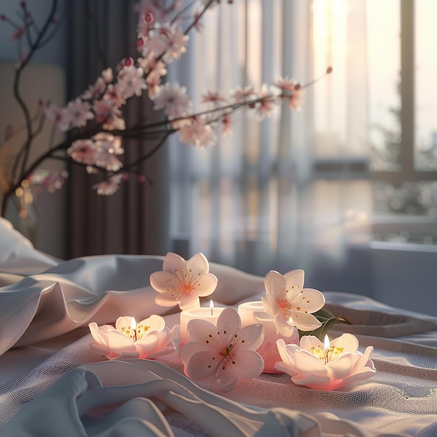 Cherry blossom shaped candles placed on the bedside table in the bedroom beside the window powder