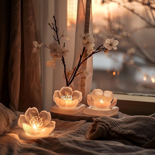 Cherry blossom shaped candles placed on the bedside table in the bedroom beside the window powder