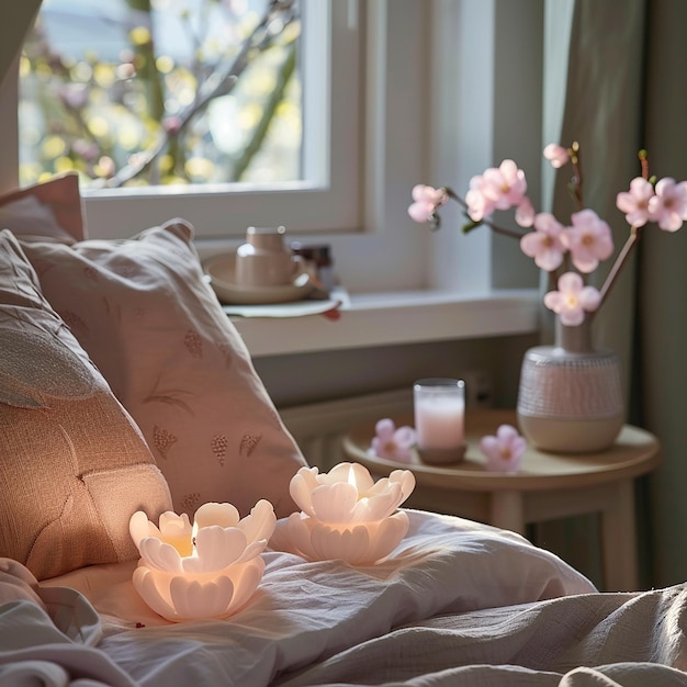 Cherry blossom shaped candles placed on the bedside table in the bedroom beside the window powder