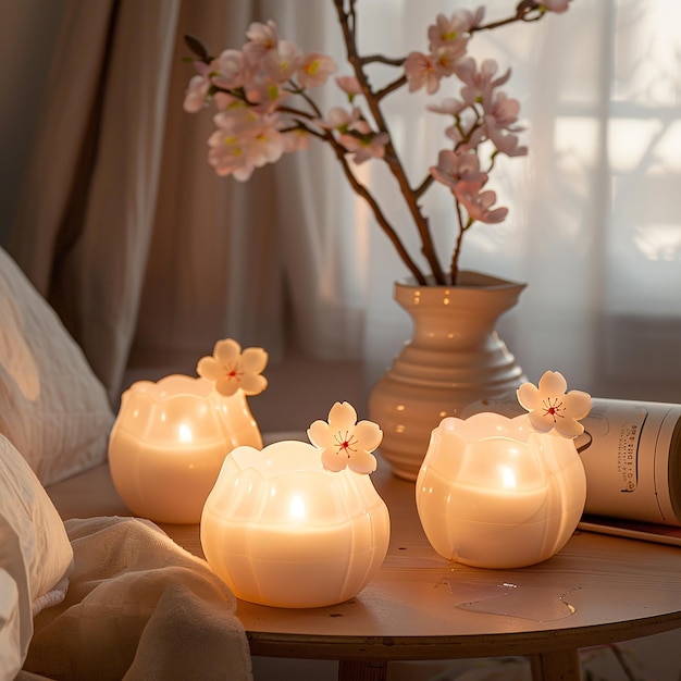 Cherry blossom shaped candles placed on the bedside table in the bedroom beside the window powder