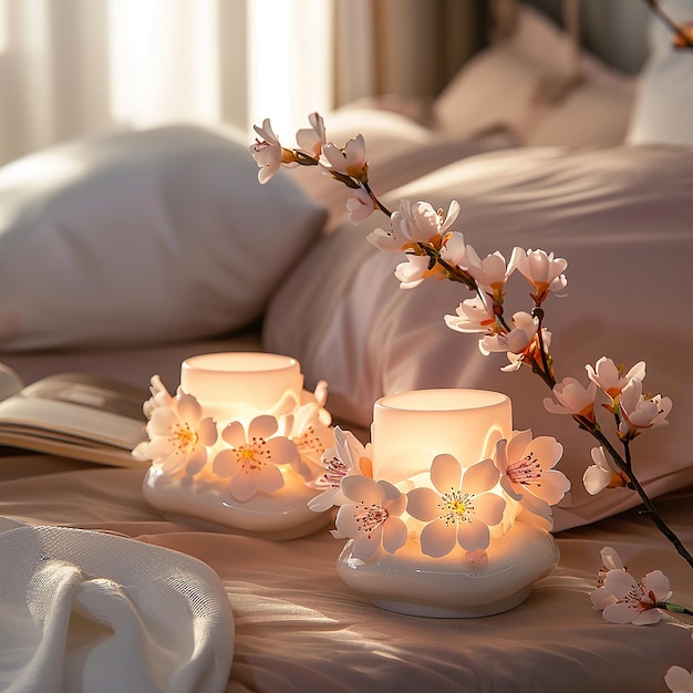 Cherry blossom shaped candles placed on the bedside table in the bedroom beside the window powder