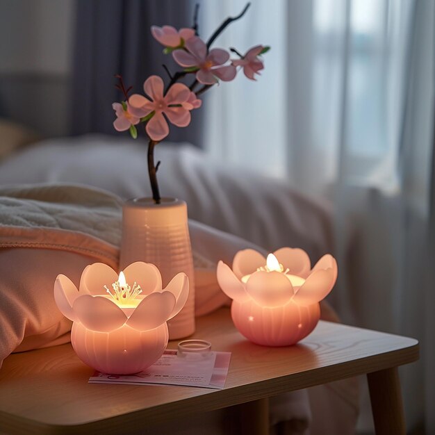 Cherry blossom shaped candles placed on the bedside table in the bedroom beside the window powder