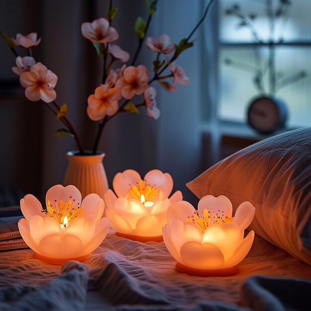 Cherry blossom shaped candles placed on the bedside table in the bedroom beside the window powder