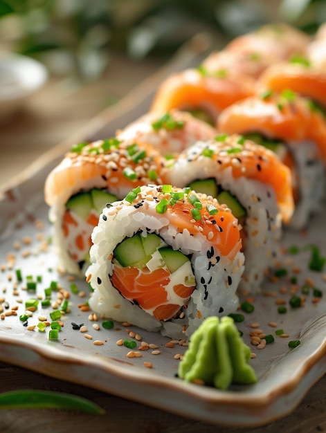 Photo cherry blossom sushi roll with seared tuna salmon and avocado on a beige background