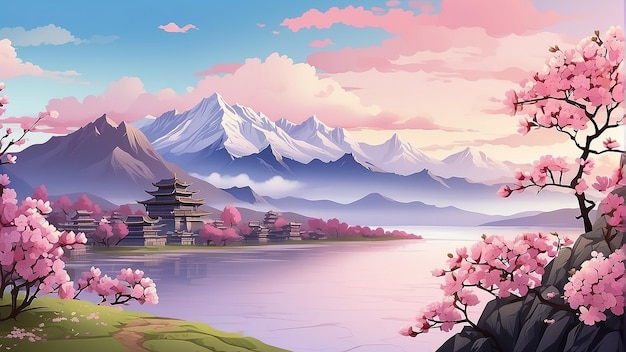 A cherry blossom tree in front of a mountain range with a lake in the foreground