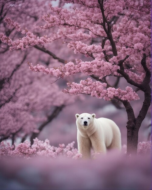 A cherry blossom tree in full bloom amidst an arctic tundra showering petals on a polar bear