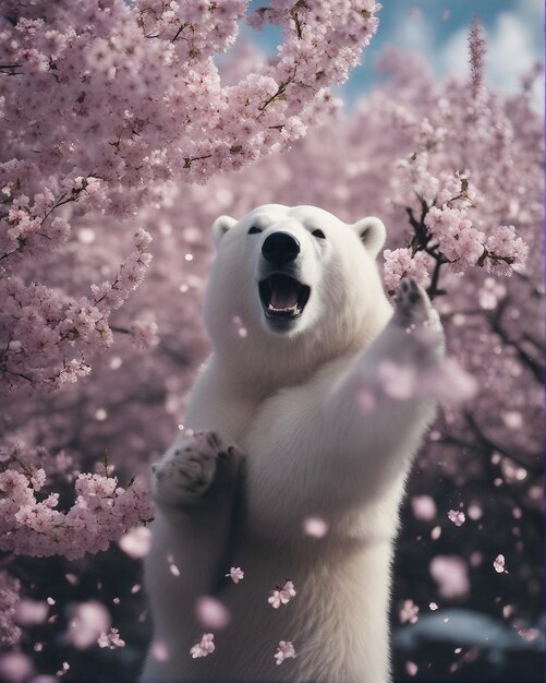 A cherry blossom tree in full bloom amidst an arctic tundra showering petals on a polar bear