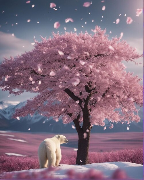 A cherry blossom tree in full bloom amidst an arctic tundra showering petals on a polar bear