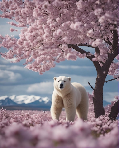 A cherry blossom tree in full bloom amidst an arctic tundra showering petals on a polar bear