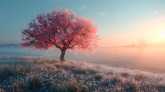 Cherry blossom tree in full bloom early morning sunrise golden light misty meadow dewcovered grass c