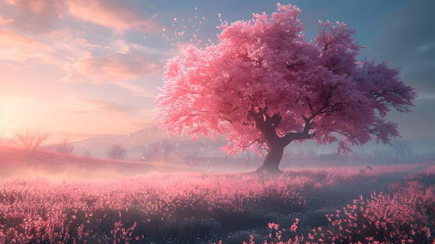 Cherry blossom tree in full bloom early morning sunrise golden light misty meadow dewcovered grass c