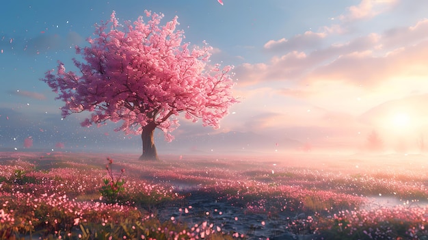 Cherry blossom tree in full bloom early morning sunrise golden light misty meadow dewcovered grass c