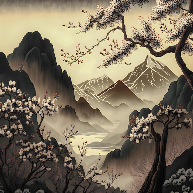 Cherry blossom tree landscape over the mountain