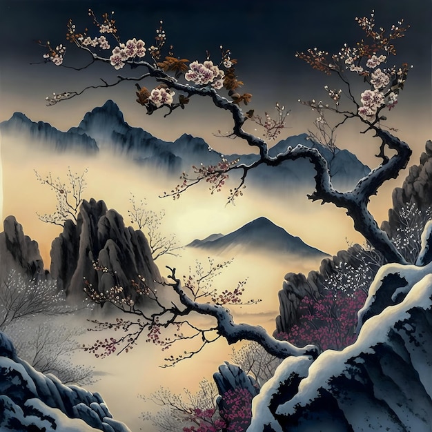 Cherry blossom tree landscape over the mountain