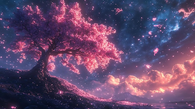 Photo cherry blossom tree under a starry night sky digital illustration