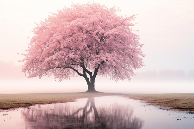 Cherry blossom tree with a field of sunflowers in bloom