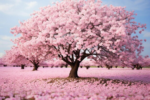 Cherry blossom tree with a field of sunflowers in bloom