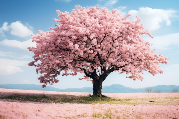 Cherry blossom tree with a field of sunflowers in bloom