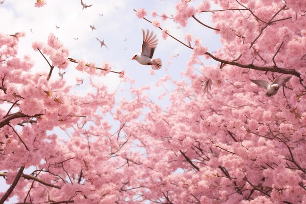 Cherry blossom tree with a field of sunflowers in bloom