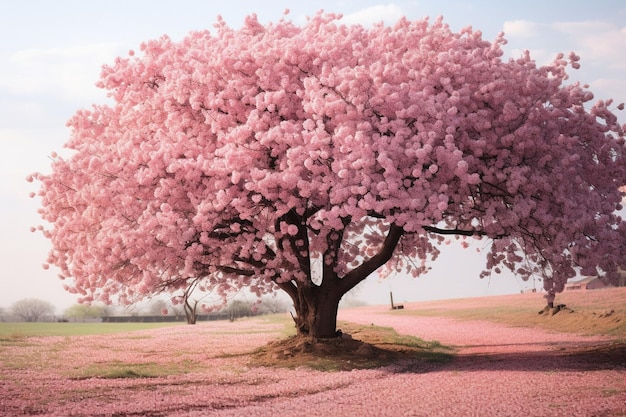 Cherry blossom tree with a field of sunflowers in bloom