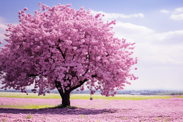 Cherry blossom tree with a field of sunflowers in bloom