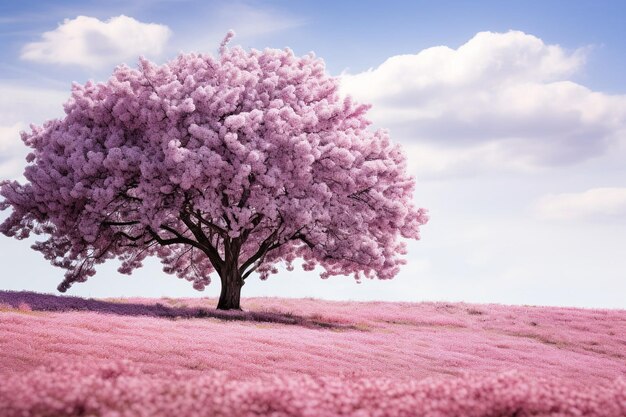 Cherry blossom tree with a field of sunflowers in bloom