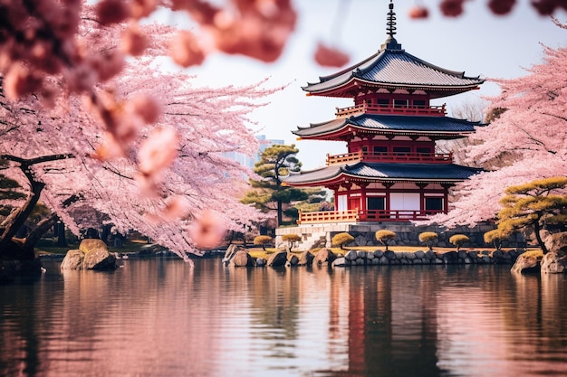 Cherry blossom tree with a field of sunflowers in bloom