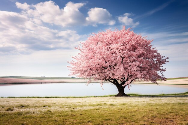 Cherry blossom tree with a field of sunflowers in bloom