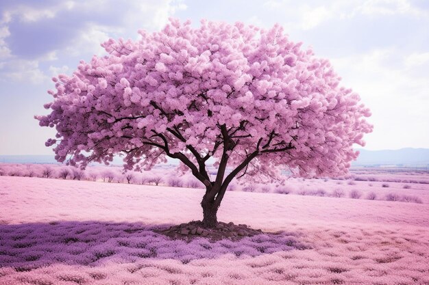 Cherry blossom tree with a field of sunflowers in bloom