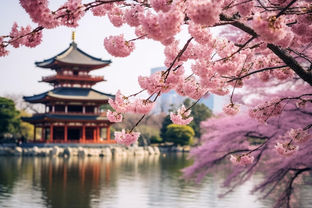 Cherry blossom tree with a field of sunflowers in bloom