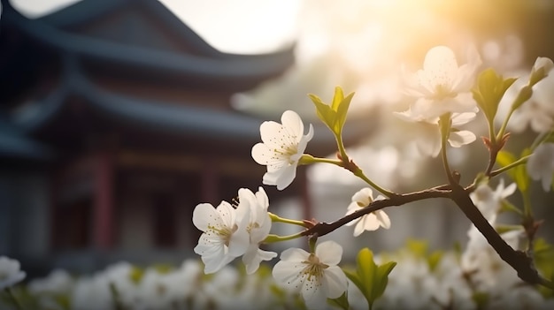 A cherry blossom tree with a temple in the background