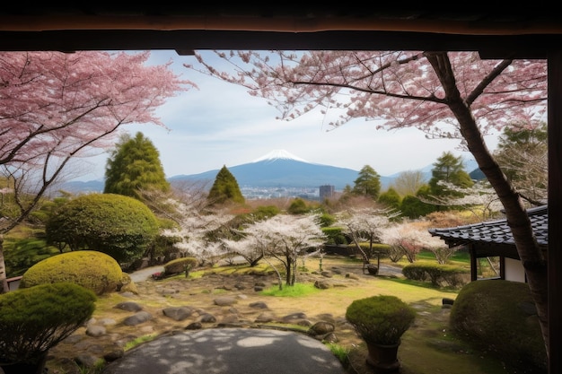 Cherry blossom trees blooming in garden with view of distant mountains created with generative ai