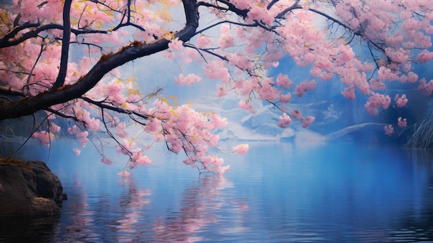 cherry blossom trees in the water