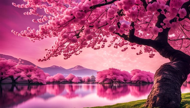 Photo cherry blossom trees with vibrant pink blooms