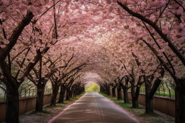 Cherry blossom tunnel with blooms in full bloom creating a breathtaking view created with generative