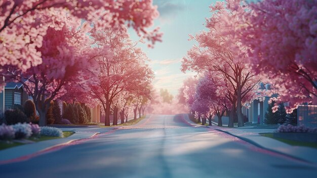 Cherry BlossomLined Suburban Road Painting