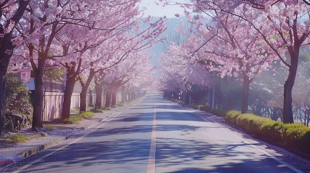 Cherry BlossomLined Suburban Road Scene Image