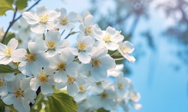 Cherry blossoms on the background of the spring sky Fruit tree flowers wallpaper For banner postcard book illustration Created with generative AI tools