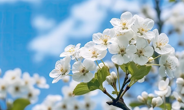 Cherry blossoms on the background of the spring sky Fruit tree flowers wallpaper For banner postcard book illustration Created with generative AI tools