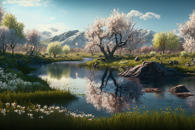 Cherry blossoms on the banks of the river Generative AI