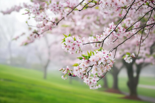 Cherry blossoms in bloom create a tranquil park scene