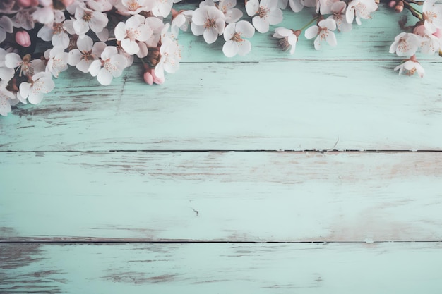 Cherry blossoms on a blue wooden background.