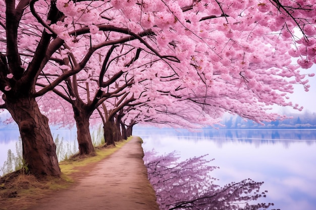 Cherry blossoms in full bloom along the shore of the lake Cherry blossom season