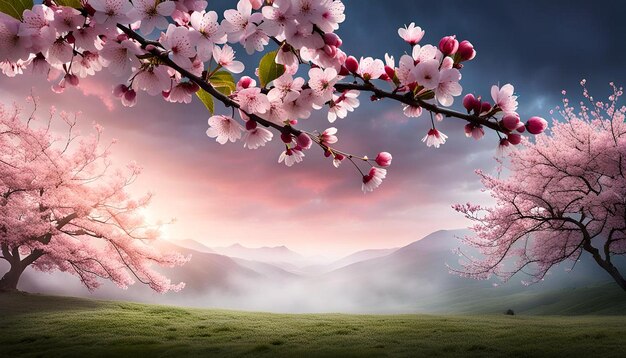 Photo cherry blossoms in a misty garden