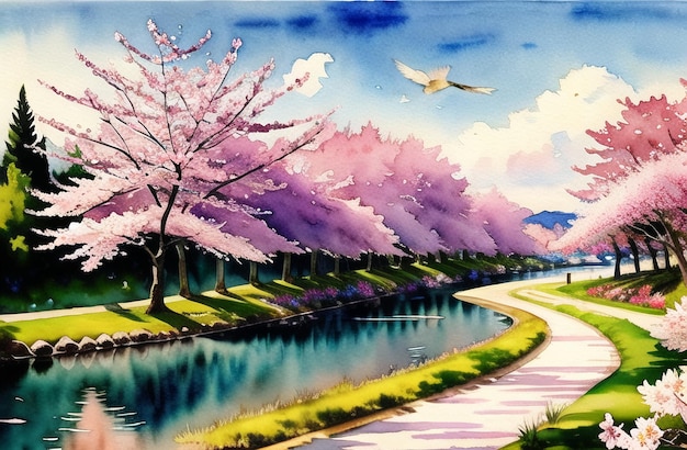 Cherry Blossoms Pink Flowers Springtime trees Fantasy Illustration Painting ai generated Watercolor