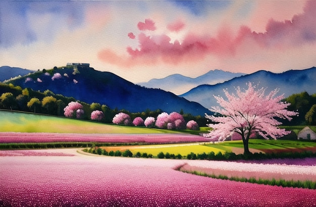 Cherry Blossoms Pink Flowers Springtime trees Fantasy Illustration Painting ai generated Watercolor