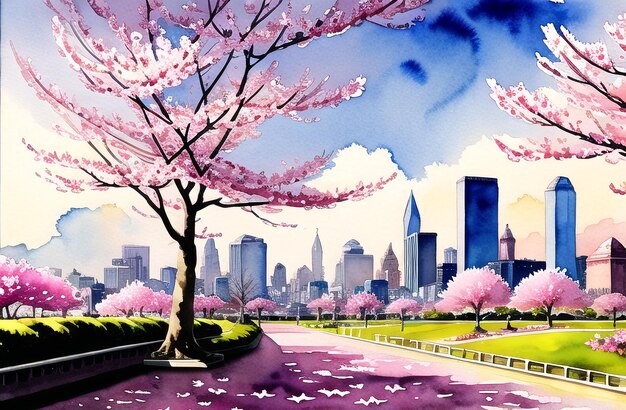 Cherry Blossoms Pink Flowers Springtime trees Fantasy Illustration Painting ai generated Watercolor